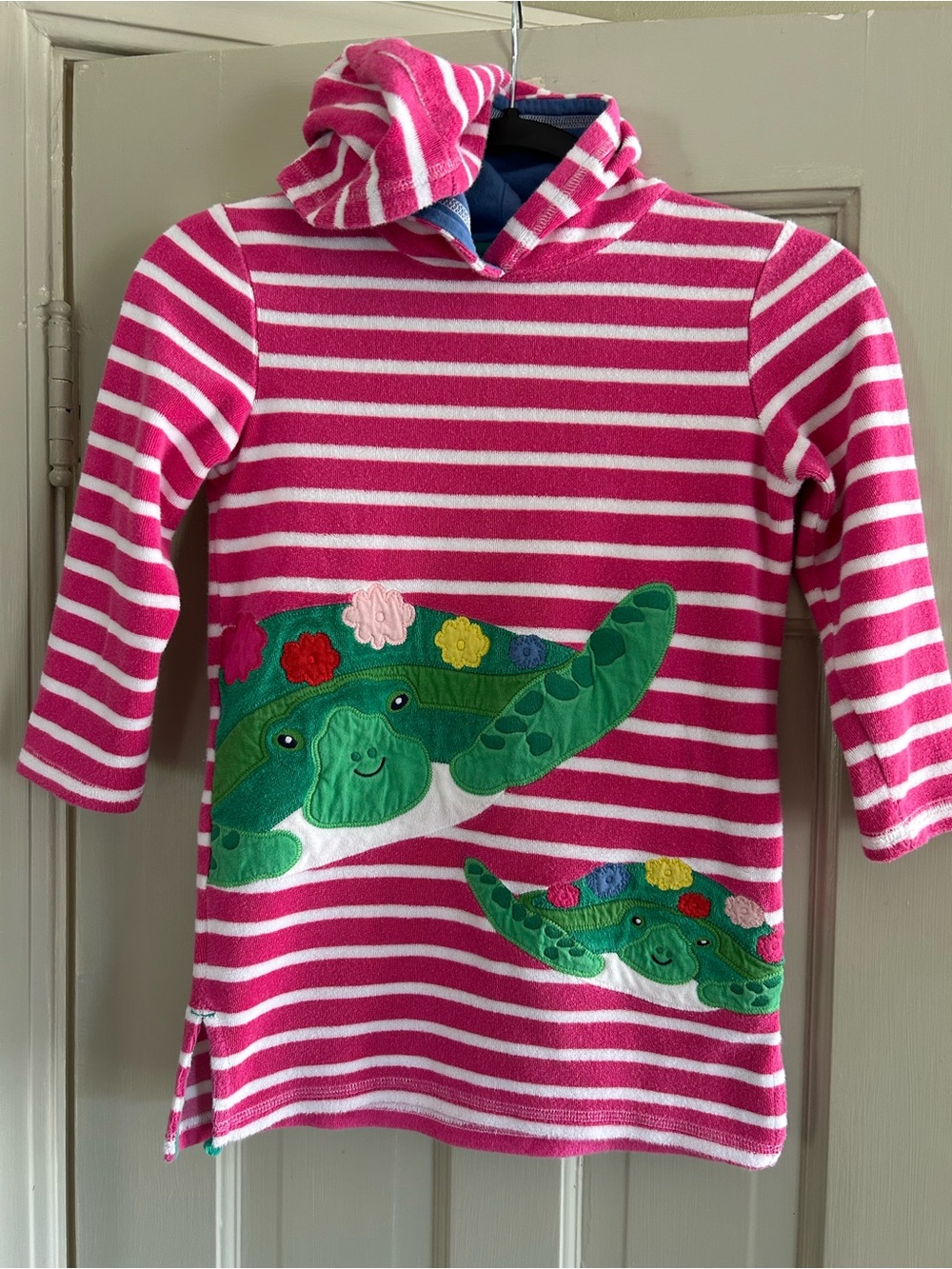 Mini Boden Girls size 6-7 Hooded Pink/White Stripe Turtles Terry Coverup